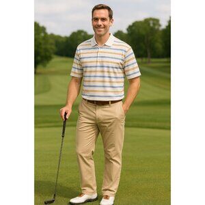 Chaps 78 Stay-Dry Golf Polo LT White with Blue/Gold Stripe Preppy Country Club